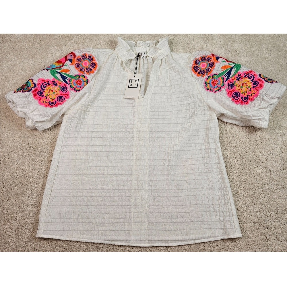 NWT THML Anthro Top S White Embroidered Bird Floral Puff Sleeve Boho Blouse